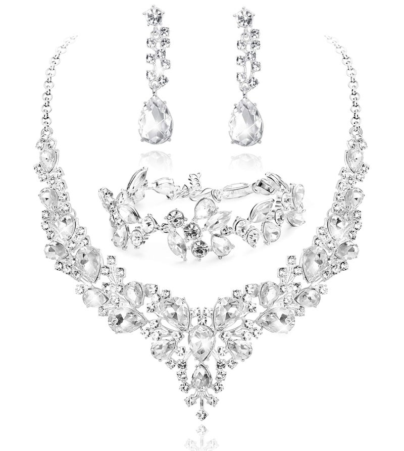 LOYALLOOK Teardrop Cluster Rhinestone Crystal Bridal Jewelry Set for Women Statement Choker Necklace Teardrop Dangle Earrings Crystal Bracelets Sets for Bridesmaid Wedding Party Prom - Image 1